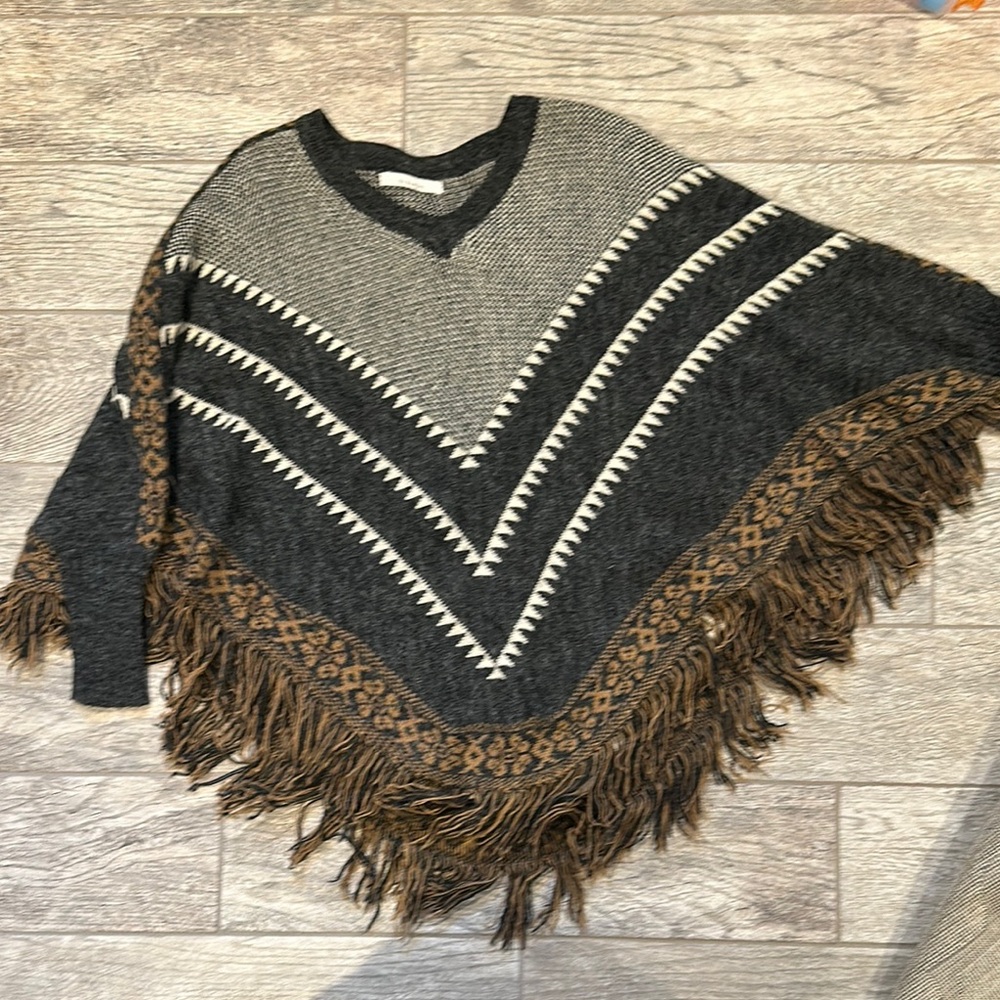 Women's Fringe Sweater Poncho - Black and Brown